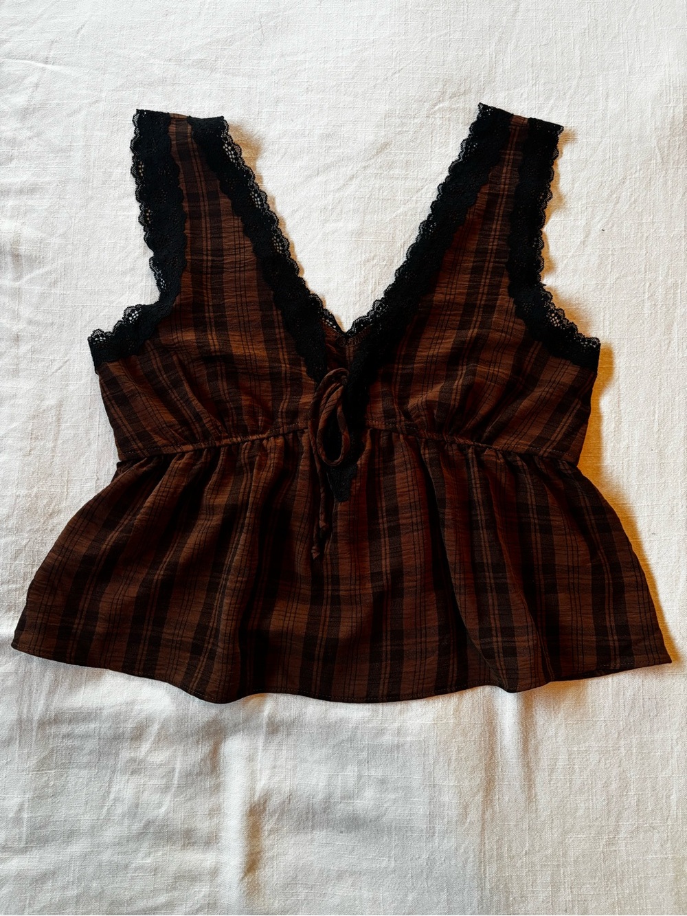 Sleeveless Plaid Lace-Trim Babydoll Cami - Brown